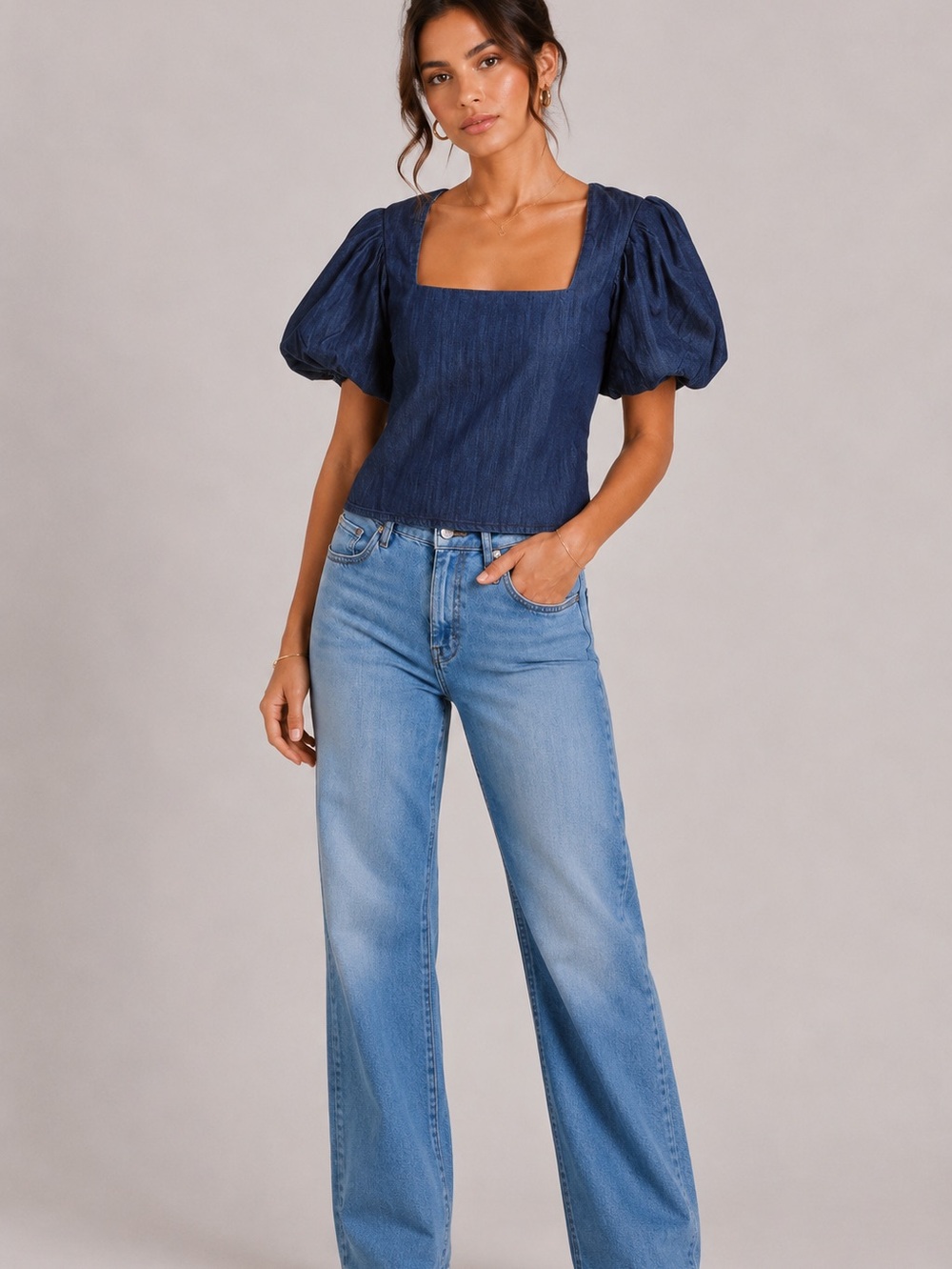 Frame Nina Denim Cropped Blouse Puff Sleeve Square Neck Blue Size L